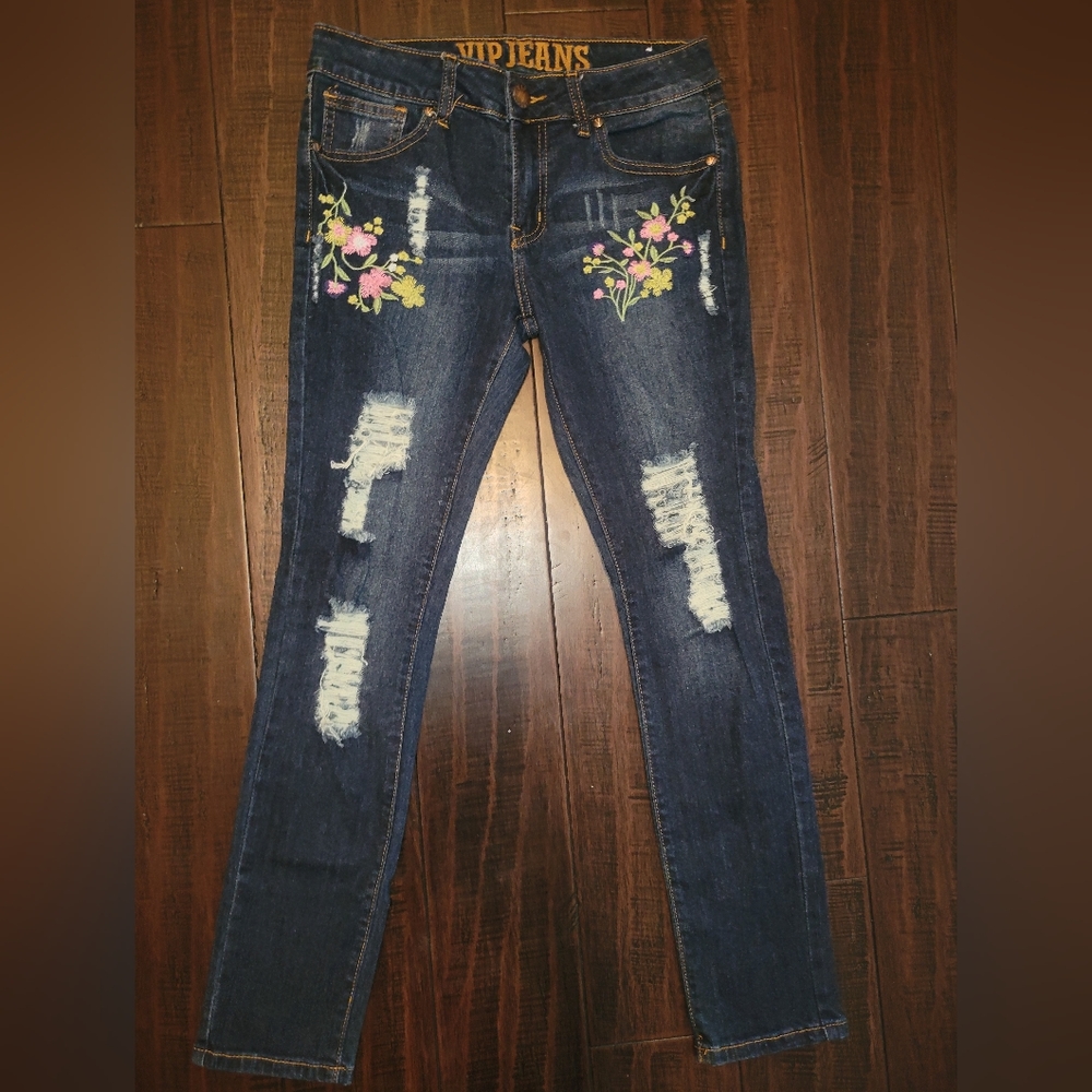 VIP Distressed Floral Jeans sz 14